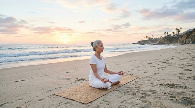 Senior Asian woman meditating in lotus pose on beach during sunset.