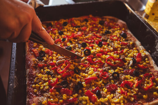 Homemade pizza with vegetables and fish