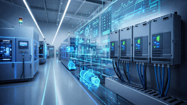 AI generated advanced industrial control system automation modules holographic data interface and glowing indicators in cool blue tones representing monitoring analytics connectivity factory systems