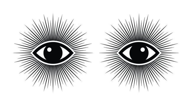 Mystical evil eye vector icons with sunburst rays, celestial occult eye symbols in black and white, esoteric spiritual vision graphics for tarot
