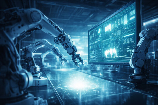 AI generated robotic arms working with digital interface in smart factory automation system advanced industrial technology data monitoring futuristic blue tone with copy space
