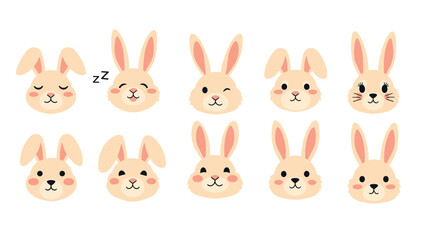 Fototapeta premium Collection of various cute rabbit facial expressions and ear positions showing different emotions in a cartoon style.