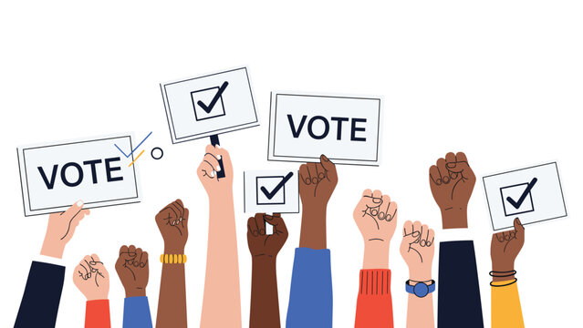 Diverse crowd of people raising their hands and holding signs to encourage everyone to vote during an election.