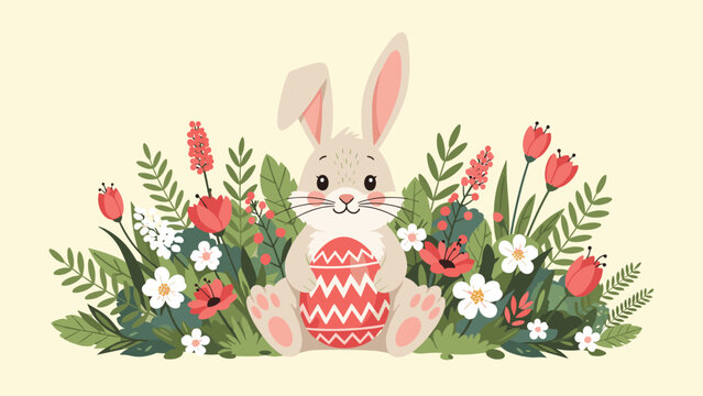 Sweet easter bunny sitting among vibrant garden flowers and holding a large red egg decorated with white patterns.