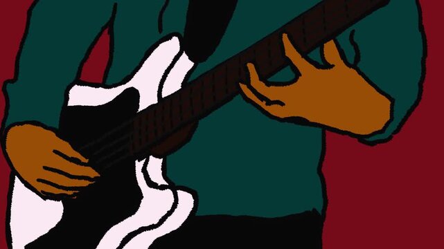 rotoscope animation of bassist playing bass in vintage retro colour style. loop seamless