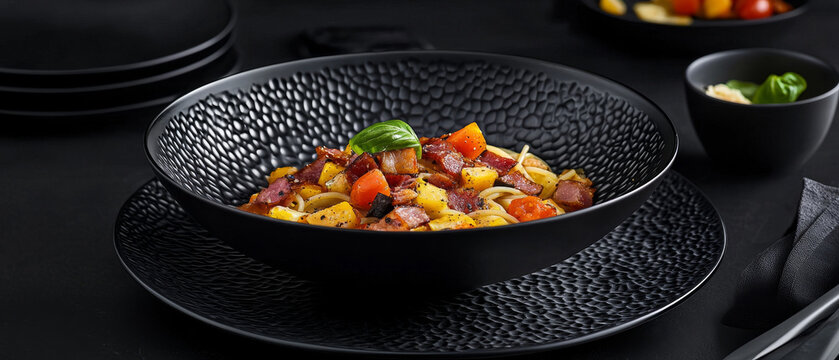 Textured black bowl filled with pasta, bacon, potatoes, and tomatoes, garnished with basil on a dark dining setting
