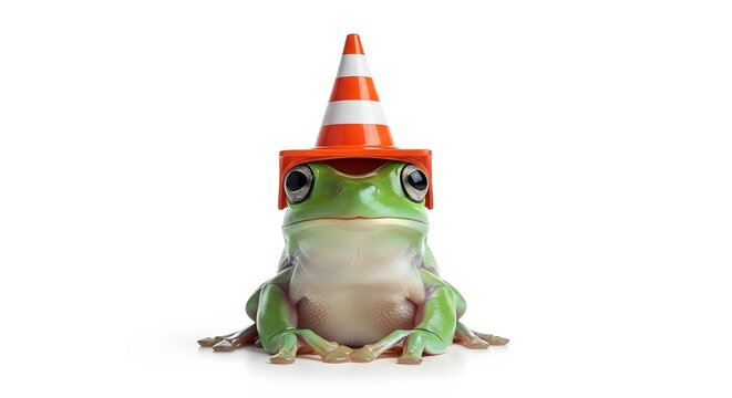 Adorable green frog character wearing an orange safety cone hat on a white background.