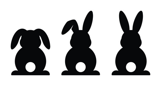 Easter bunny silhouette set, black rabbit icons with fluffy tails, minimalist animal vector collection for spring holiday cards and crafts