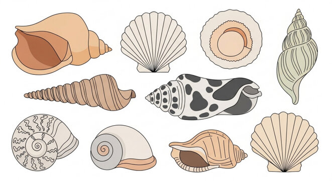 A collection of various seashells in a vector graphic illustration