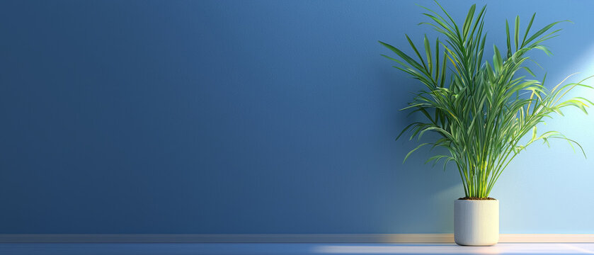 Vibrant green plant in a white pot beside a textured blue wall, bathed in natural sunlight creating shadows