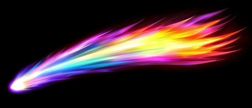 Vibrant spectrum light streak with feathered, fanning rainbow colors, tapering from bright white on a black background