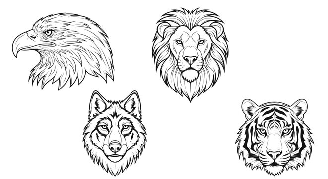 Black and white animal heads illustration 1.