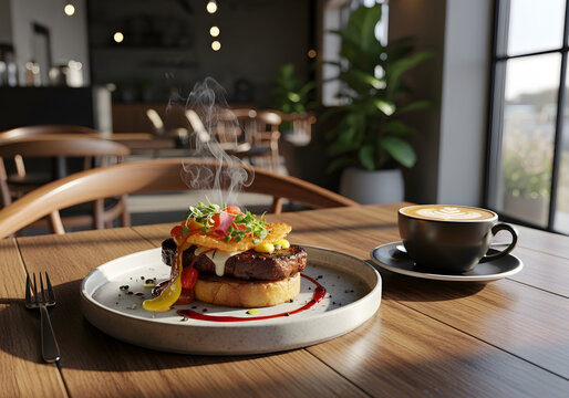 Delicious gourmet burger with fresh toppings and a steaming cup of coffee on a wooden table in a cafe