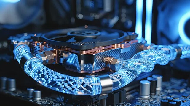 High Performance Liquid Cooling System on PC Motherboard with Blue LEDs