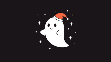 Obraz premium Cute little white ghost wearing a red Santa hat floats peacefully among shimmering stars and golden dots on a dark midnight background.