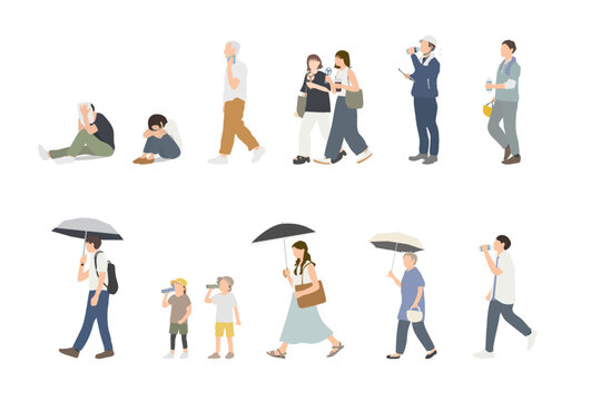 夏の暑さ対策と熱中症予防をする人々のイラストセット