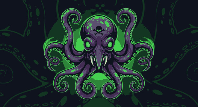 Purple octopus with green eyes.