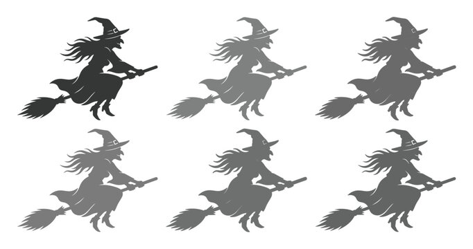 Vintage witch silhouette set with 6 flying sorceress icons, black and grey halloween witch on broomstick vectors, spooky occult character graphics