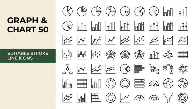 Graph & Chart 50: Editable stroke line icons for data visualization, including bar, line, pie and scatter charts for dashboards and infographics