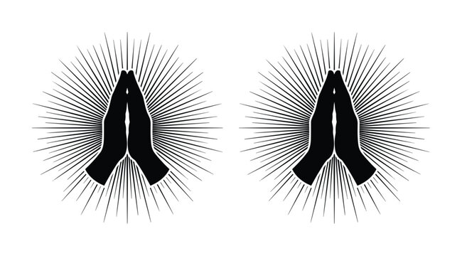 Praying hands silhouette with divine sunburst light rays, spiritual prayer gesture vector icons, religious worship and meditation symbols