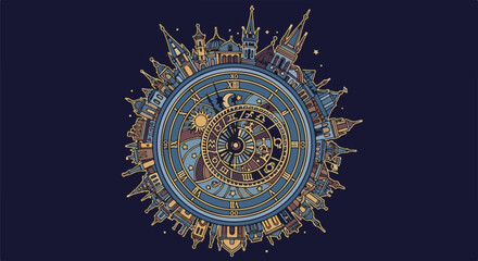 Obraz premium A circular cityscape adorns an astronomical clock with celestial and zodiacal symbols
