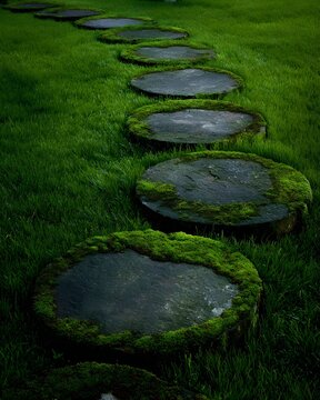 Hand cut bluestone stepping stones with moss filled joints natural garden pathway organic design