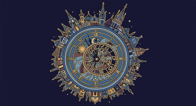 A circular cityscape adorns an astronomical clock with celestial and zodiacal symbols