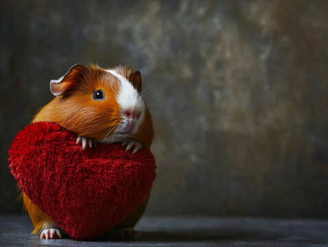 Cute orange and white guinea pig holding a fluffy red heart against a dark, textured background, looking charmingly at the viewer