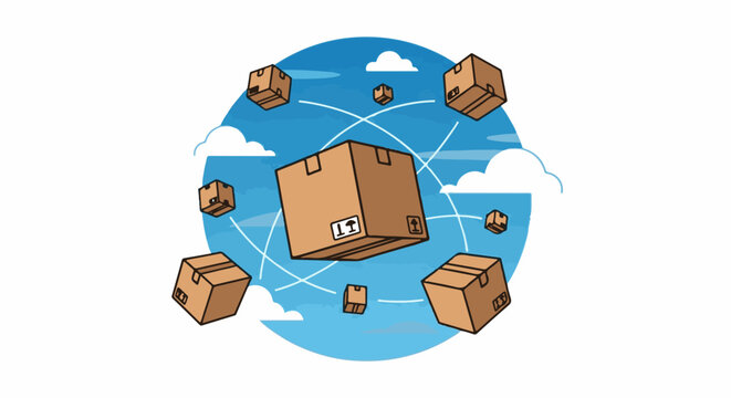 Brown cardboard boxes floating in the sky with white lines connecting them