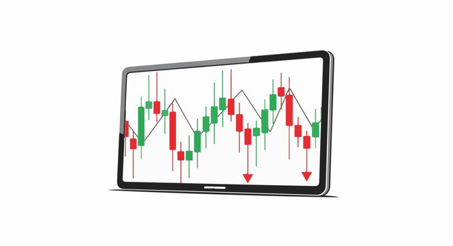 Tablet displays candlestick financial trading chart with rising and falling trends
