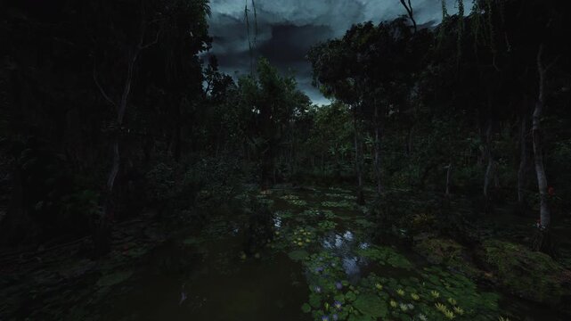 narrow waterway cutting through dense swamp under low moonlight with tangled roots and overhanging branches compositional depth draws eye into shadowy