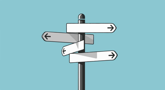 A directional signpost with blank signs pointing left and right under a clear sky