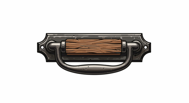 Ornate, weathered metal drawer pull with rustic wooden insert