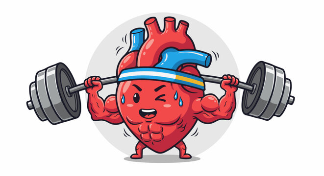 A cartoon heart character with muscular arms and abs lifts a barbell, sweating