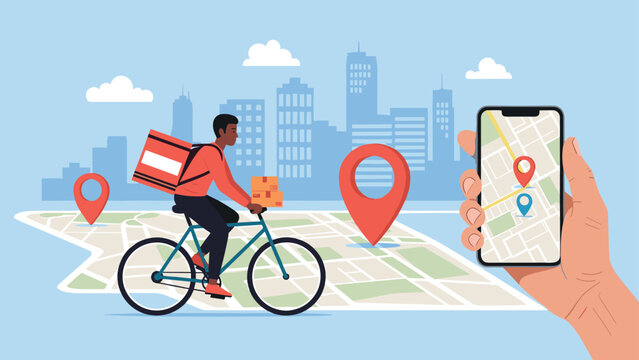 Food delivery service illustration showing a courier riding a bike through a city with a mobile tracking app on a smartphone.