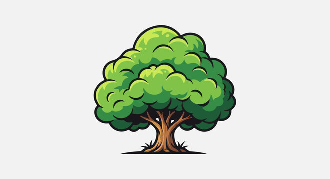 A stylized green tree with a thick brown trunk and vibrant foliage, isolated on a plain background