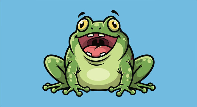 A vibrant, cartoon frog with a wide, happy grin and big, expressive eyes