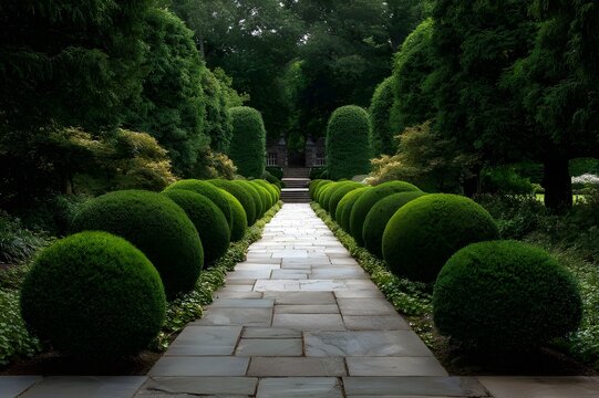 Sweeping bluestone pathway through topiary garden refined landscape architecture elegant symmetrical outdoor design concept