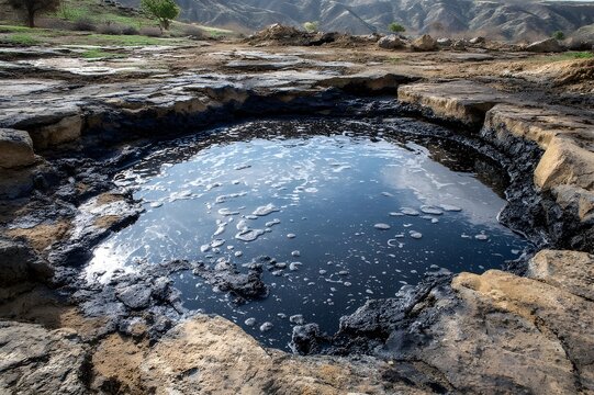 Bubbling natural tar pit with thick black surface ancient geological feature unique earth formation