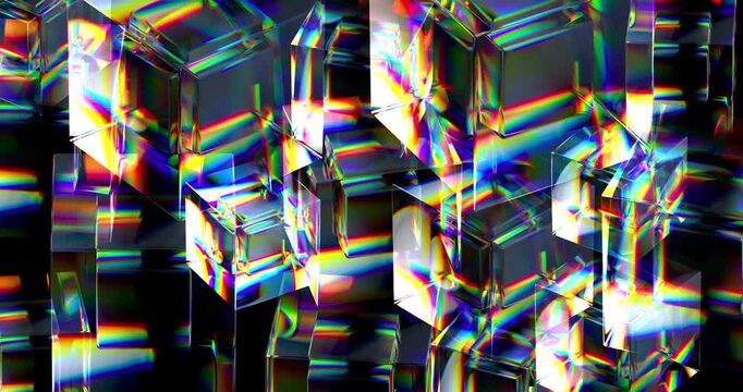 Dense arrangement of glass cubes creating layered rainbow reflections and refracted light patterns.