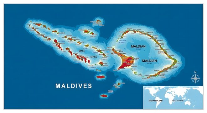 Stylized map showing the Maldives archipelago with turquoise sea and atolls.
