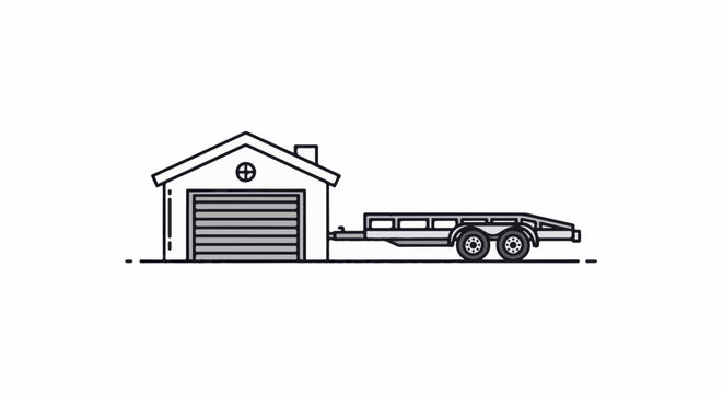 A line art illustration of a garage attached to a flatbed trailer