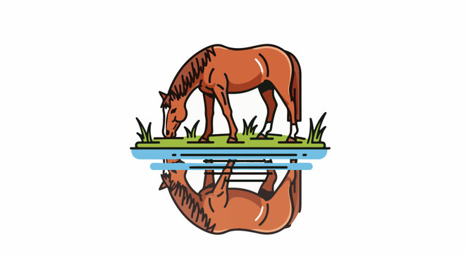 Stylized brown horse grazing by a reflective blue water body on a white background