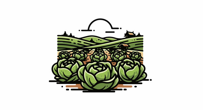 Lush green cabbage patch under rolling hills, with a small rustic dwelling