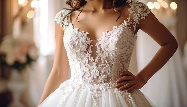 A woman models a delicate white bridal gown with intricate lace detailing on the bodice and shoulders. The dress is the focal point