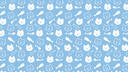 Cute cartoon cats and fish float on light blue background. White silhouettes form playful, repeating pattern. Soft pastel tones bring cheerful, childlike vibe © rochmuch