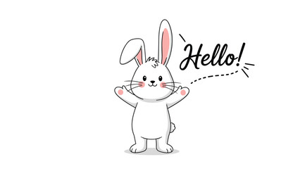 Obraz premium Cute white bunny rabbit stands with its paws raised and a friendly hello message in this charming animal illustration.