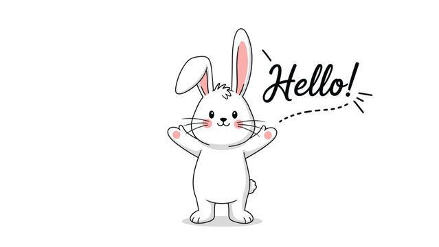 Cute white bunny rabbit stands with its paws raised and a friendly hello message in this charming animal illustration.