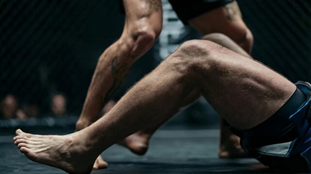 Fighters grappling on ground in intense struggle capturing strength control and endurance with dramatic lighting and cinematic sports performance composition