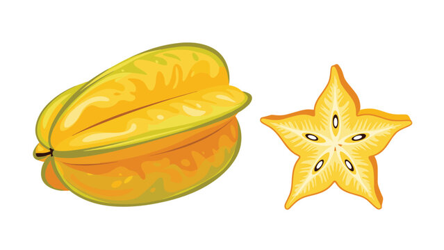 Whole and sliced starfruit known as carambola are shown in a bright yellow color to highlight their unique star shape.
